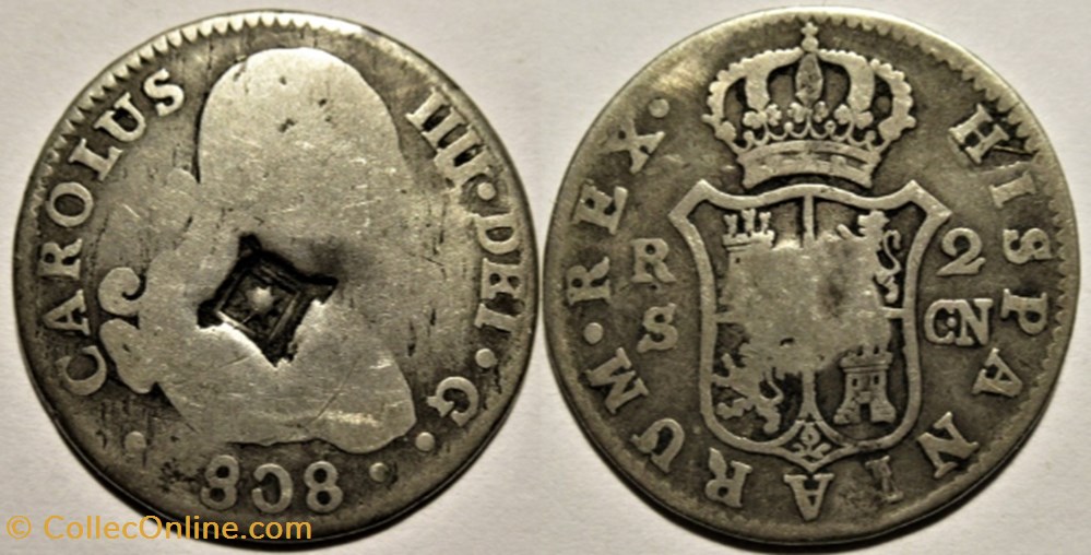 1808 - 2 Reales Sevilla - Carlos IV de España - Countermarked (Lattice, 1841) Cuba monnaies monde espagne 1808 2 reales sevilla carlos iv de espana countermarked lattice 1841 cuba