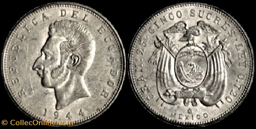 Ecuador - 5 Sucres 1944 monnaies monde equateur ecuador 5 sucres 1944