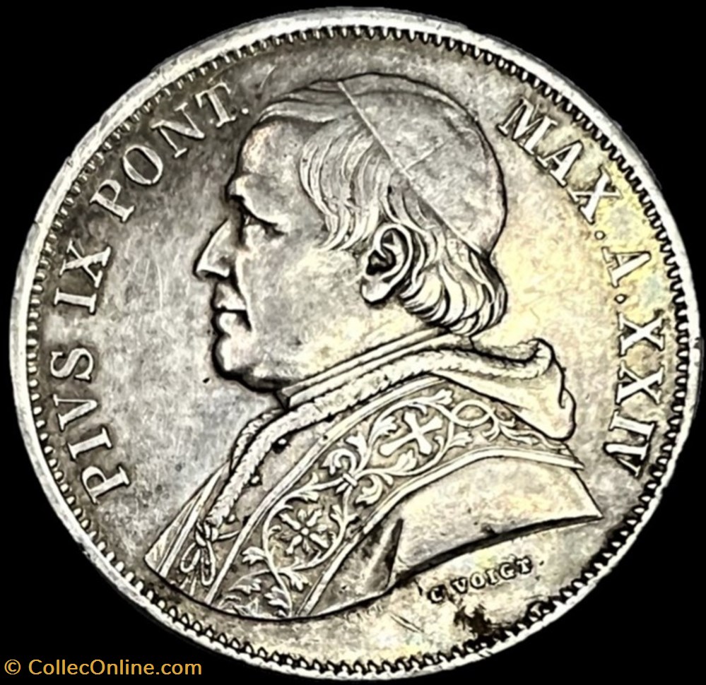 Pio IX, Papa - 5 Lire 1870, Anno XXV - Vaticano monnaies monde pio ix papa 5 lire 1870 anno xxv vaticano