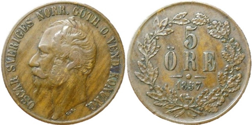 Oscar I of Sweden - 5 Öre 1857 monnaies monde suede oscar i of sweden 5 ore 1857