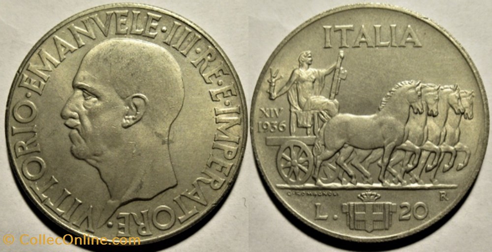 1936 Regno d'Italia, 20 Lire, Roma - Vittorio Emanuele III monnaies monde italie 1936 regno italia 20 lire roma vittorio emanuele iii