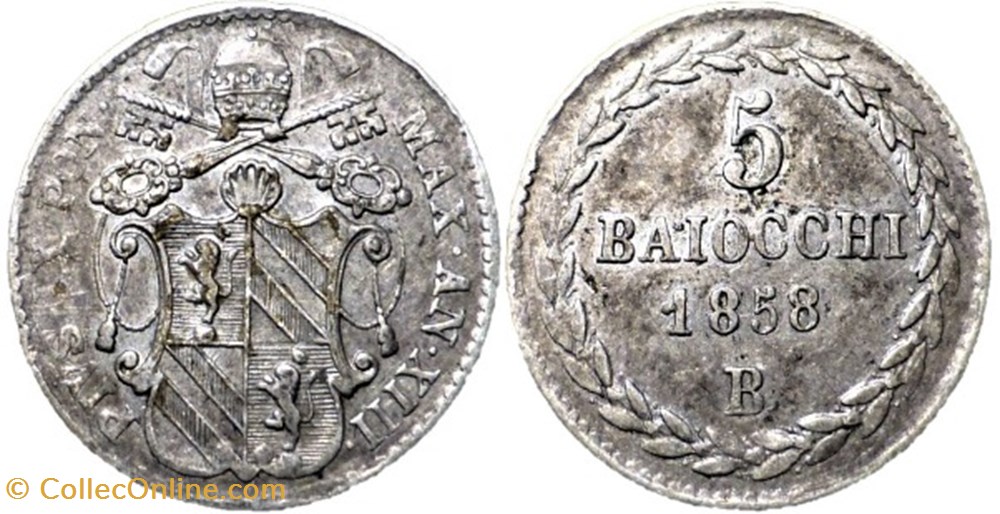 Pio IX, Papa - 5 Baiocchi 1858, Anno XIII Bologna - Papal States monnaies monde vatican pio ix papa 5 baiocchi 1858 anno xiii bologna papal states