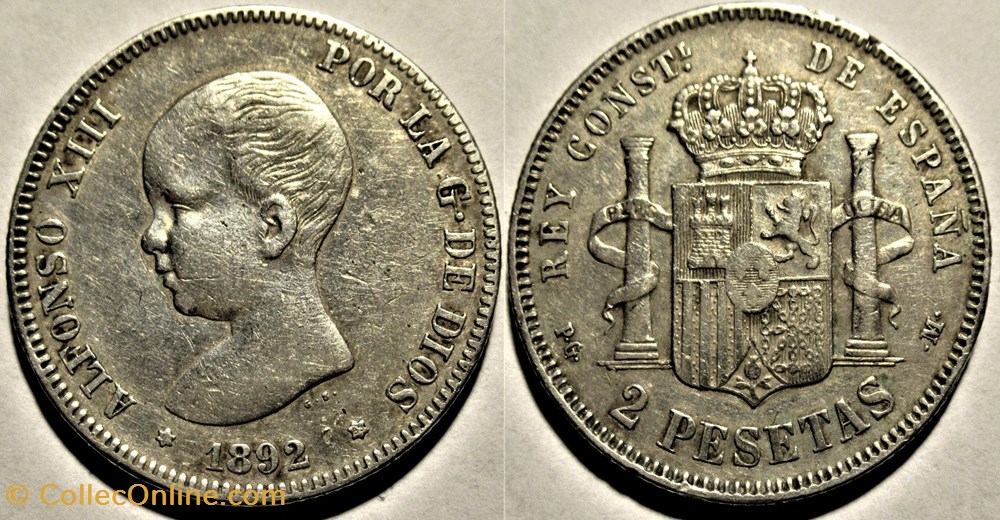 1892 - 2 Pesetas - Alfonso XIII de España monnaies monde espagne 1892 2 pesetas alfonso xiii de espana