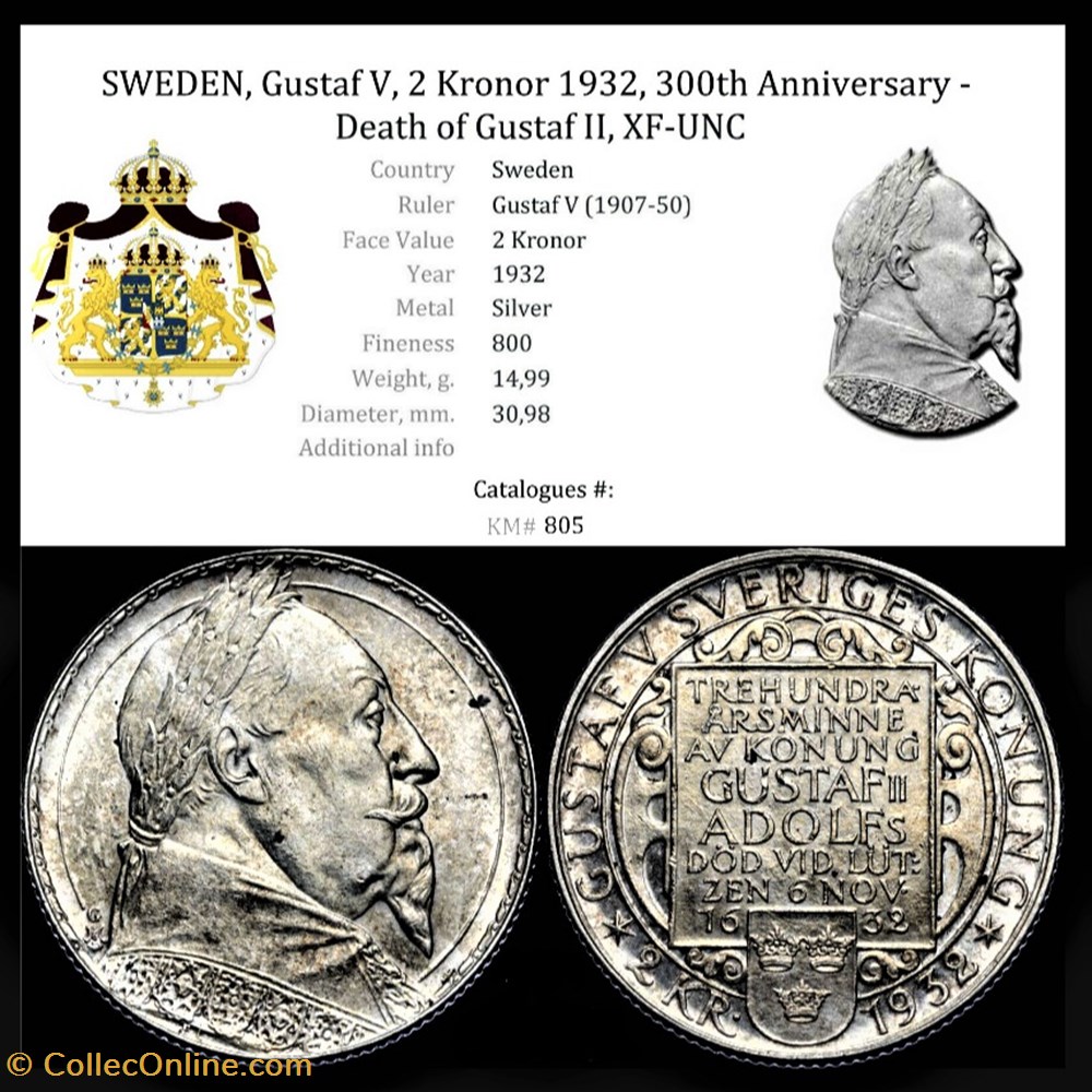 Gustaf V Of Sweden - 2 Kronor 1932 - 300th. Death Of Gustaf