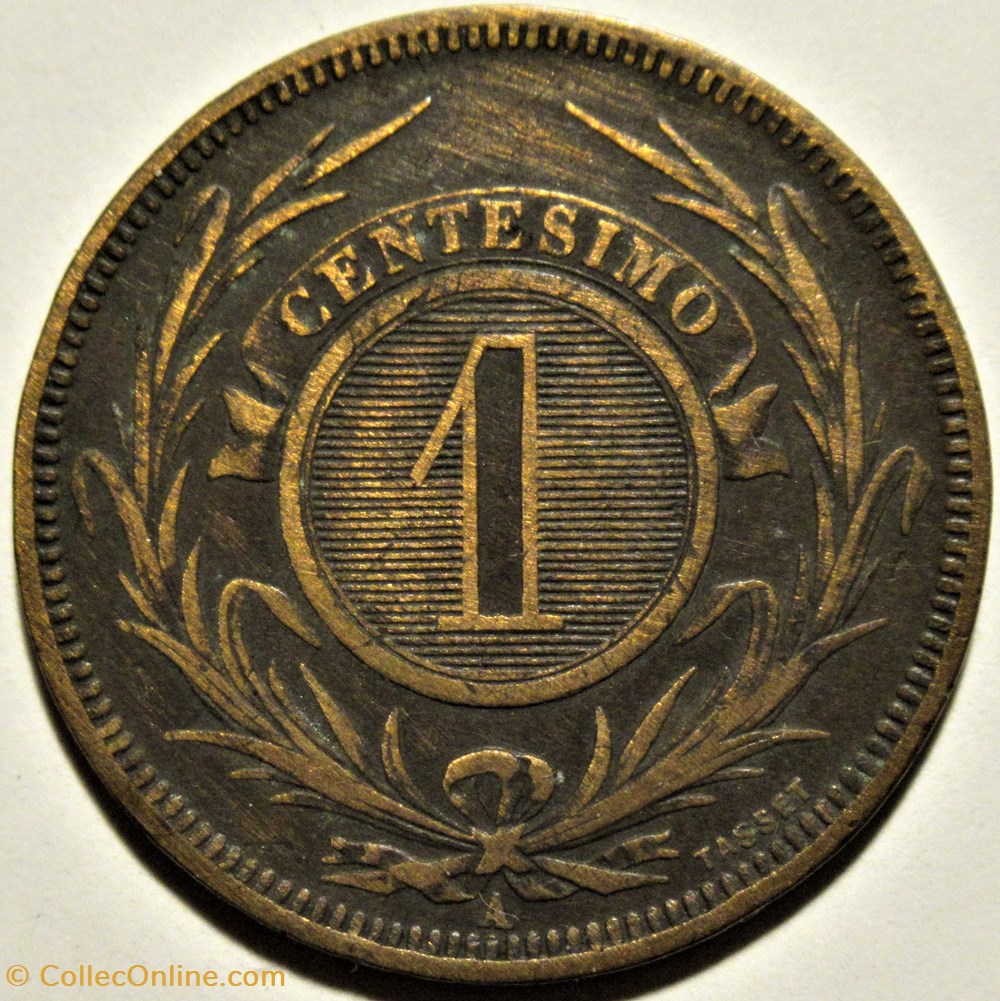 Uruguay - 1 Centésimo 1869 Heaton 3 monnaies monde uruguay 1 centesimo 1869 heaton