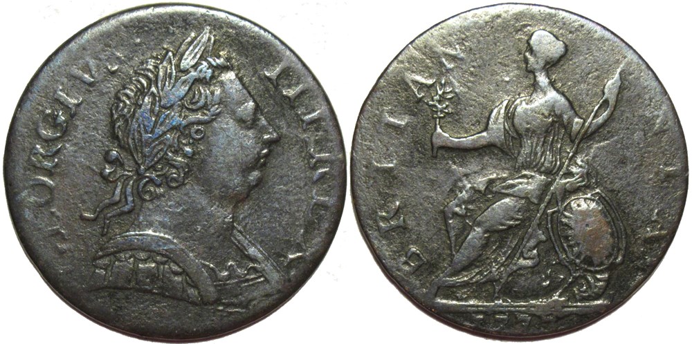 1773 Half Penny No Regal - George III of Great Britain (ex.6) monnaies monde royaume uni 1773 half penny no regal george iii of great britain ex 6