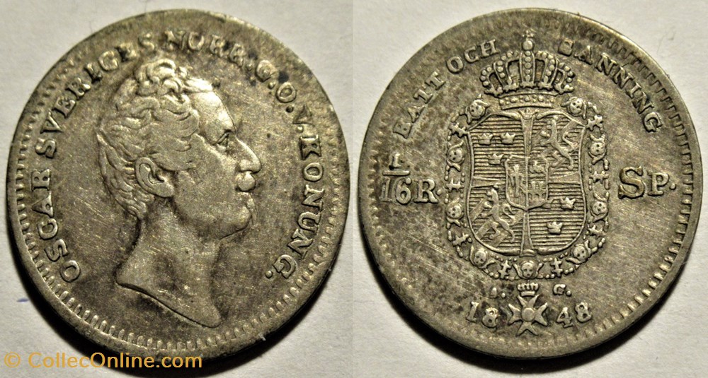 Sweden - Oscar I - 1/16 Riksdaler Specie 1848/5 - Overdate monnaies monde suede sweden oscar i 1 16 riksdaler specie 1848 5 overdate