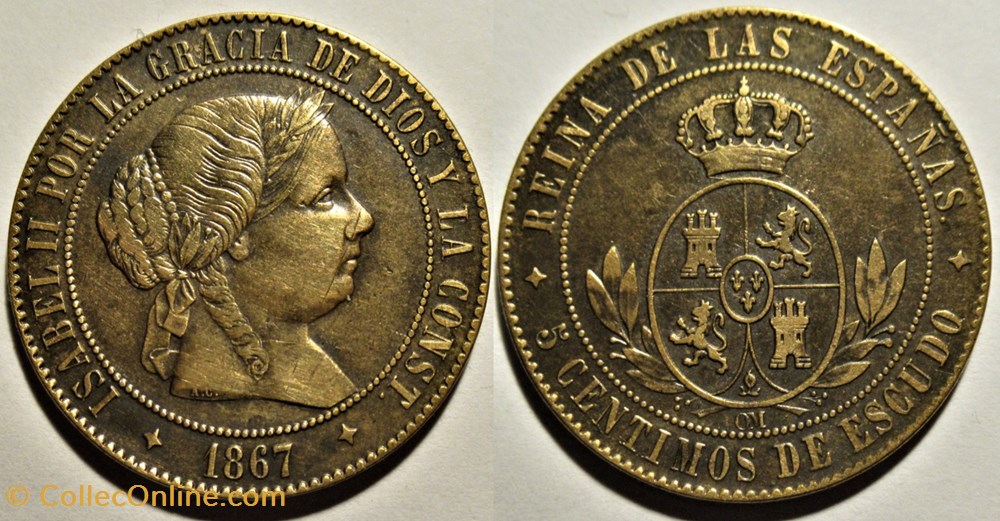 1867 Jubia - 5 Centimos - Isabel II España monnaies monde espagne 1867 jubia 5 centimos isabel ii espana