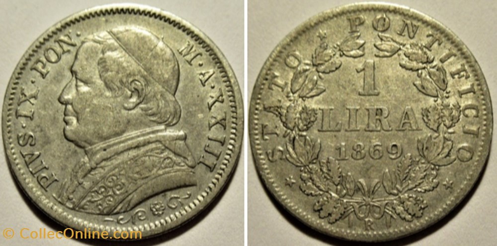 Pio IX, Papa - 1 Lira 1869, Anno XXIII - Vaticano monnaies monde pio ix papa 1 lira 1869 anno xxiii vaticano