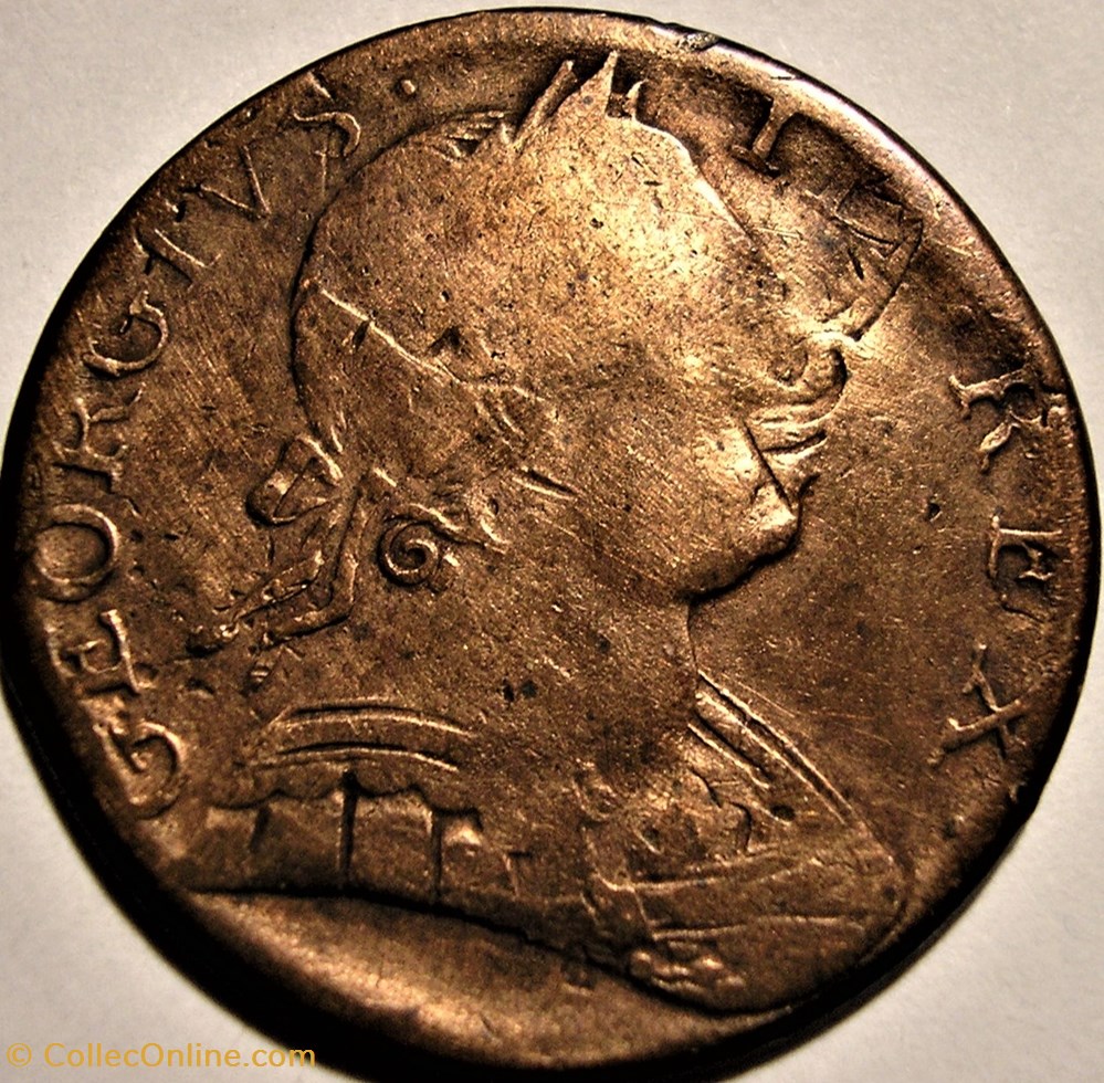 1775 Half Penny - Double Struck + pig's snout - No Regal - George III GB (Ex.11) 5 monnaie monde etat uni 1775 half penny double struck pis snout no regal george iii gb ex 11