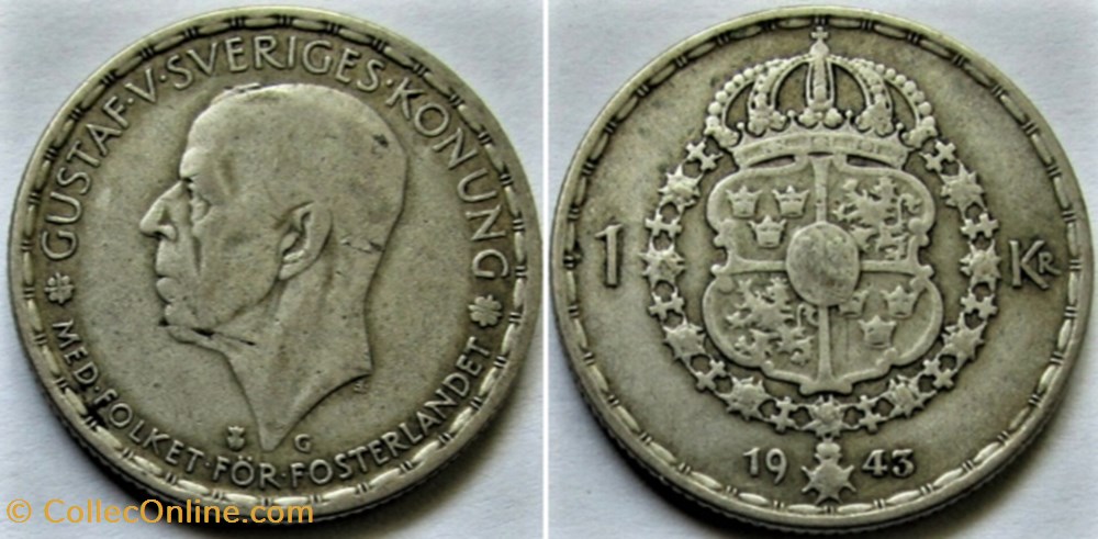 Gustaf V of Sweden - 1 Krona 1943 - Error + Variety Date monnaies monde suede gustaf v of sweden 1 krona 1943 error variety date