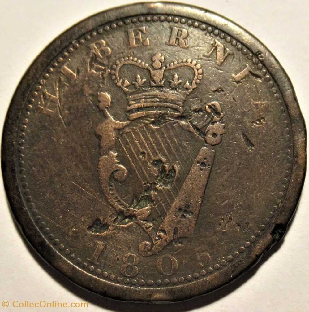 1805 One Penny Token, Hibernia - King George III monnaies jetons mereaux 1805 one penny token hibernia king george iii