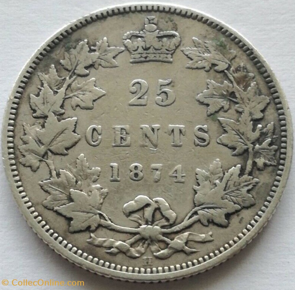 Victoria - 25 Cents 1874 H (ex.2) monnaie monde canadum victoria 25 cents 1874 h ex 2