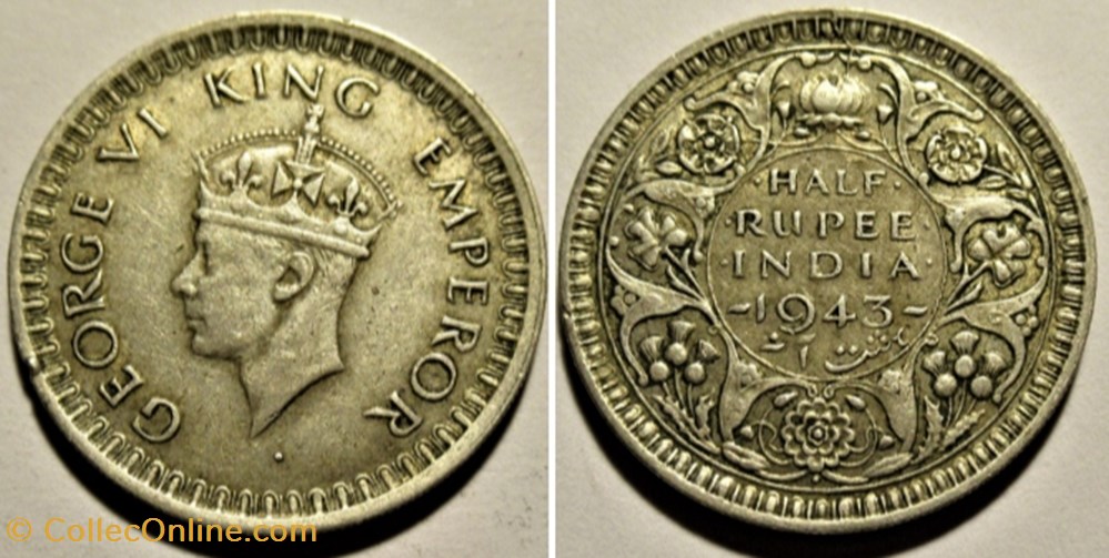 George VI - Half Rupee 1943 Bombay - British Raj monnaies monde inde george vi half rupee 1943 bombay british raj