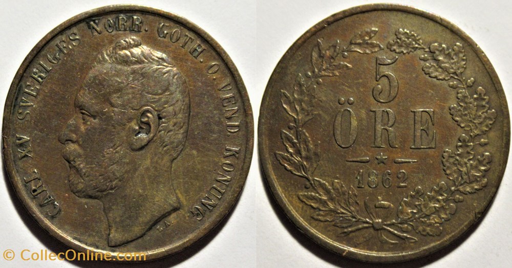 Sweden - Carl XV - 5 Öre 1862 monnaies monde suede sweden carl xv 5 ore 1862