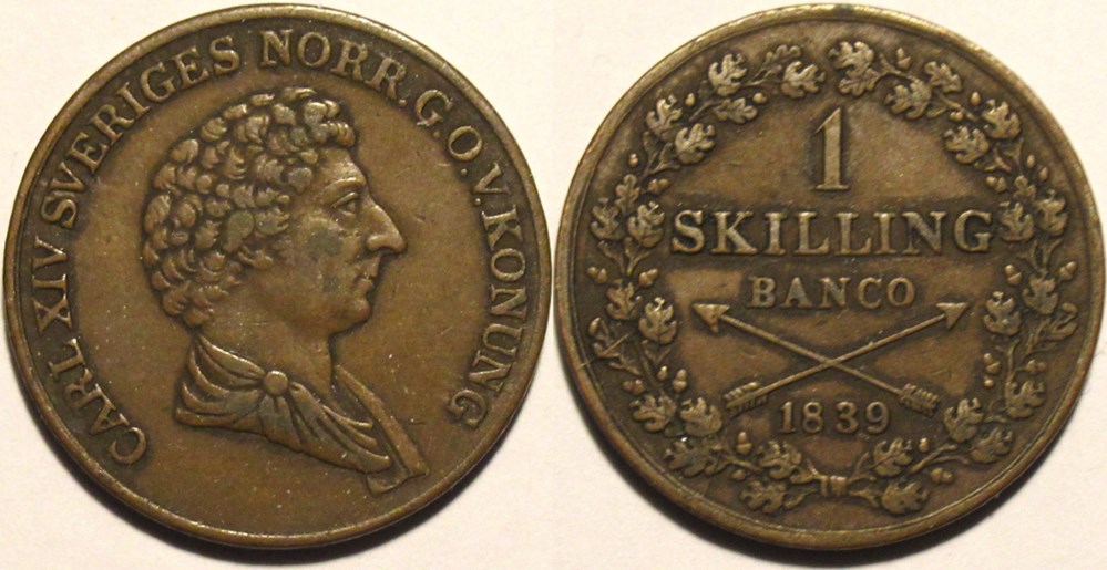 Sweden - Karl XIV Johan - 1 Skilling Banco 1839 monnaies monde suede sweden karl xiv johan 1 skilling banco 1839