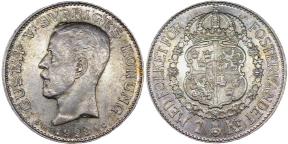 Gustaf V of Sweden - 1 Krona 1928 G monnaies monde suede gustaf v of sweden 1 krona 1928 g