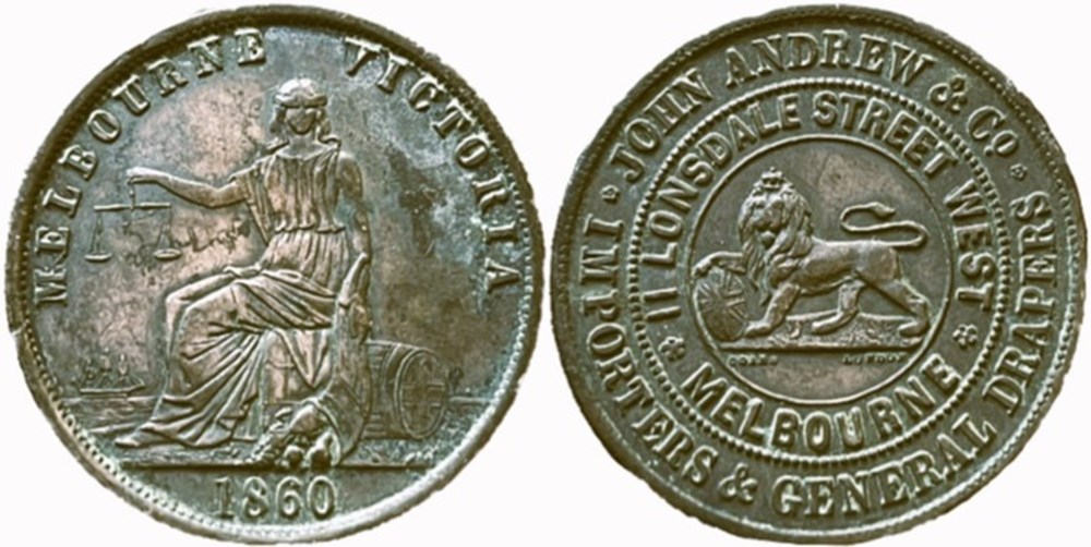 1860 Penny Token J. Andrew - Melbourne, Australia monnaies monde australie 1860 penny token j andrew melbourne australia