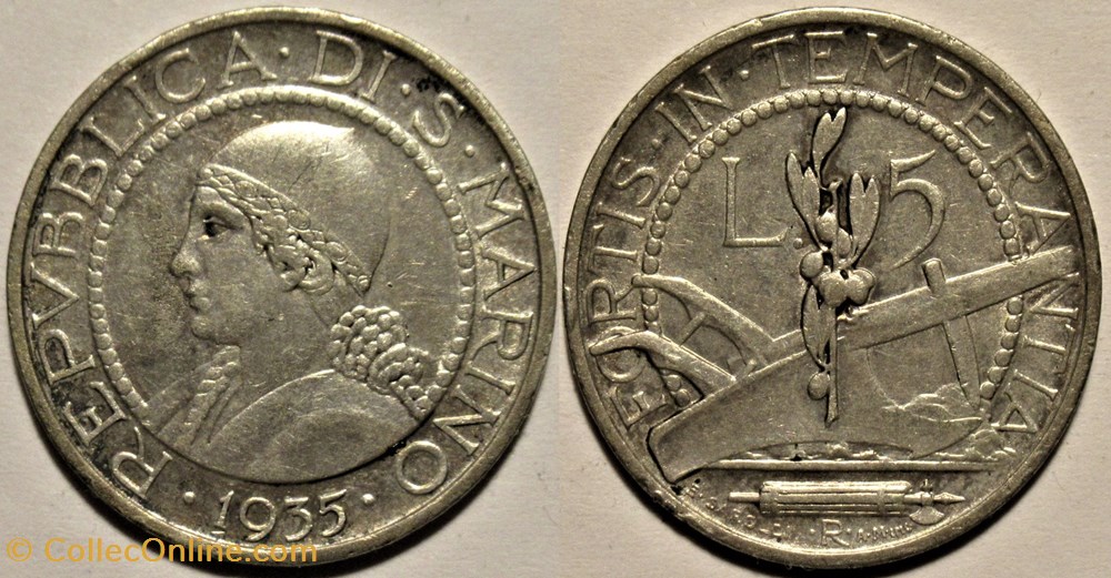 monnaies monde saint 1935 repubblica di san marino 5 lire roma