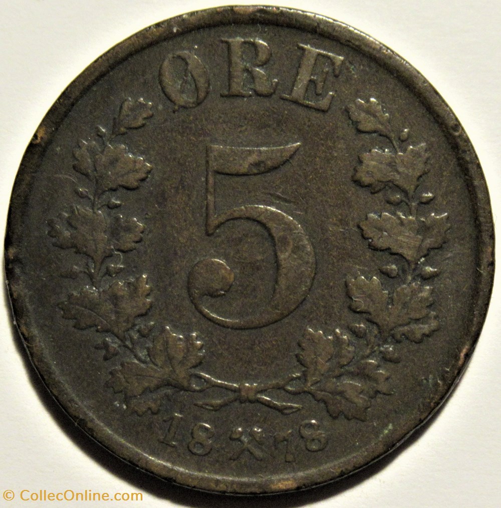 Norway - Oskar II - 5 Øre 1878 3 monnaies monde norvege norway oskar ii 5 re 1878