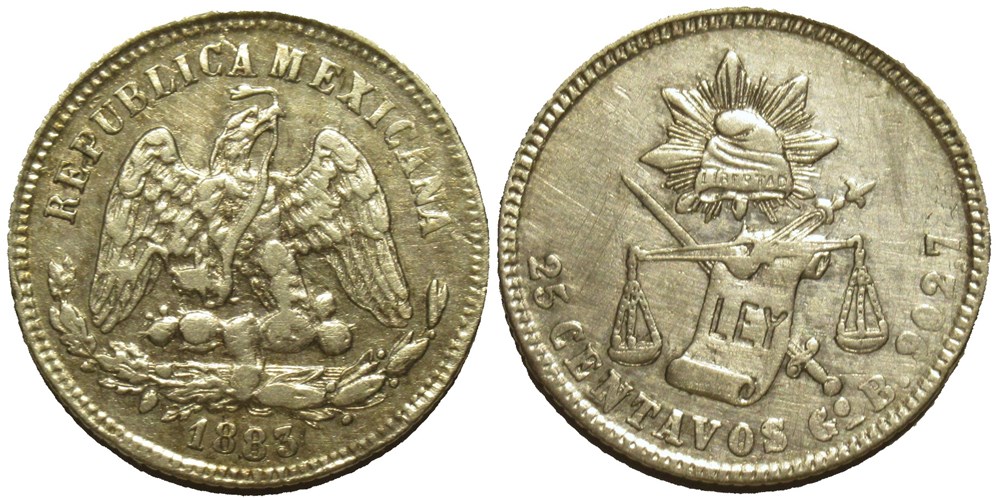 monnaies monde mexique mexico 25 centavos 1883 go error