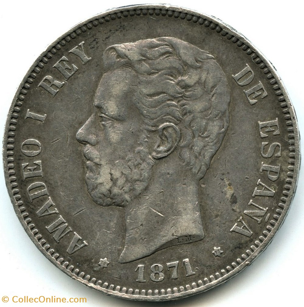1871 - 5 Pesetas - Amadeo I de España 2 monnaies monde espagne 1871 5 pesetas amadeo i de espana