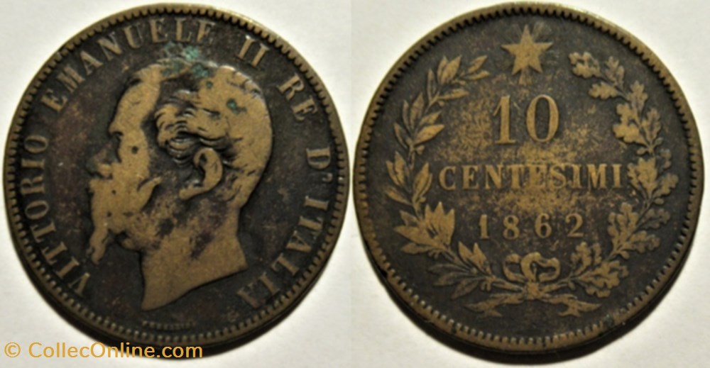 1862 Regno d'Italia, 10 Centesimi - Vittorio Emanuele II monnaies monde italie 1862 regno italia 10 centesimi vittorio emanuele ii