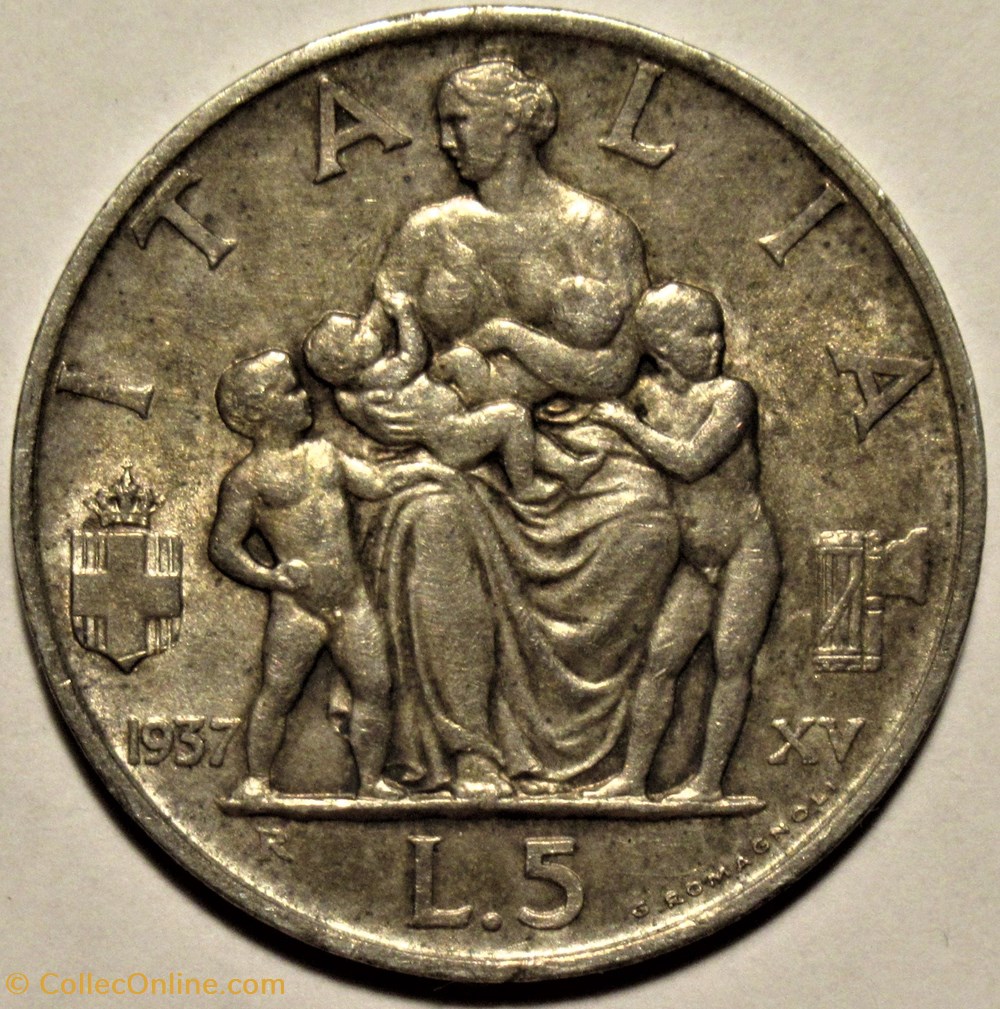1937 Royaume d'Italie, 5 Lire, Roma - Vittorio Emanuele III monnaies monde 1937 royaume italie 5 lire roma vittorio emanuele iii