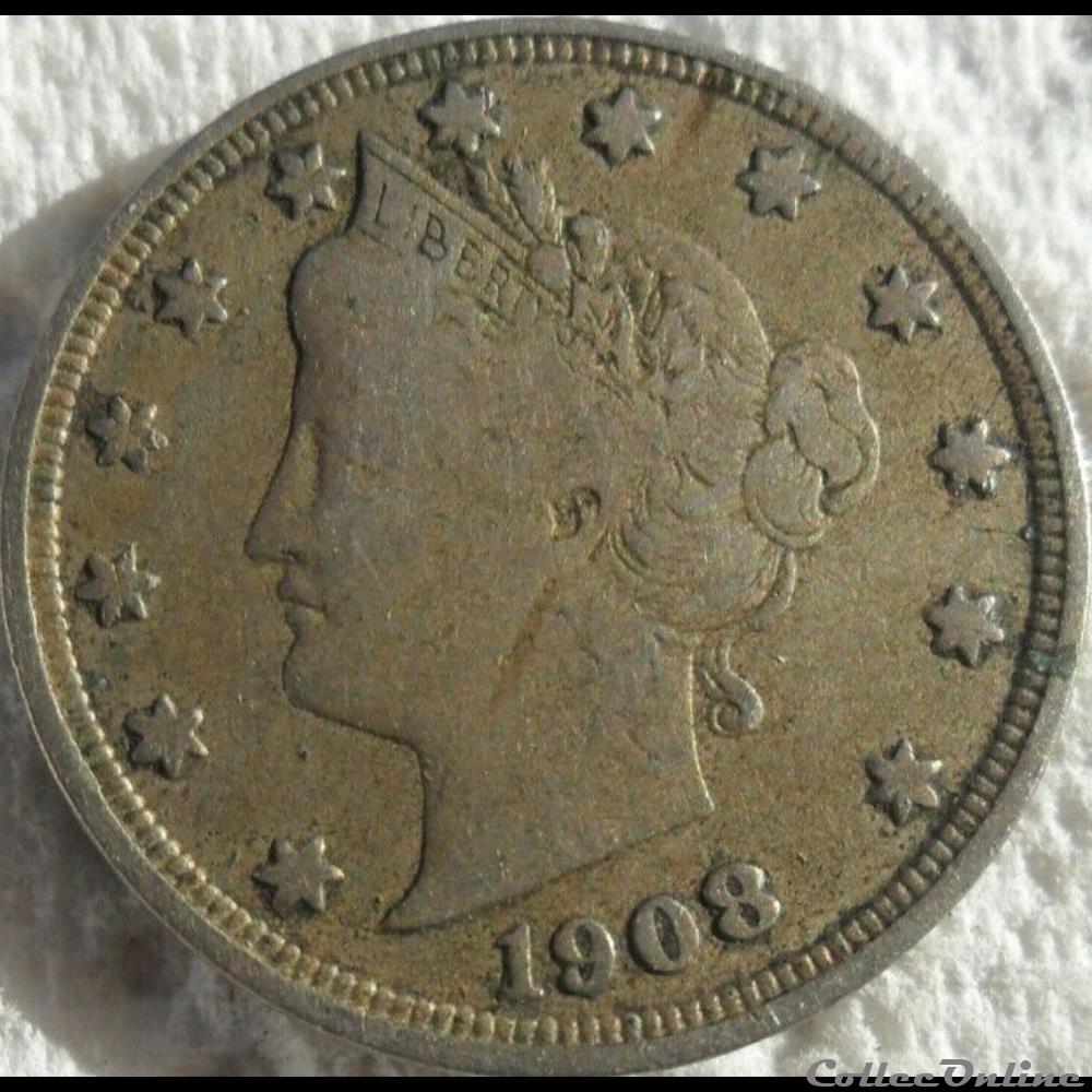 1908 5 Cents Ex2 Monnaies Monde États Unis Année 1908