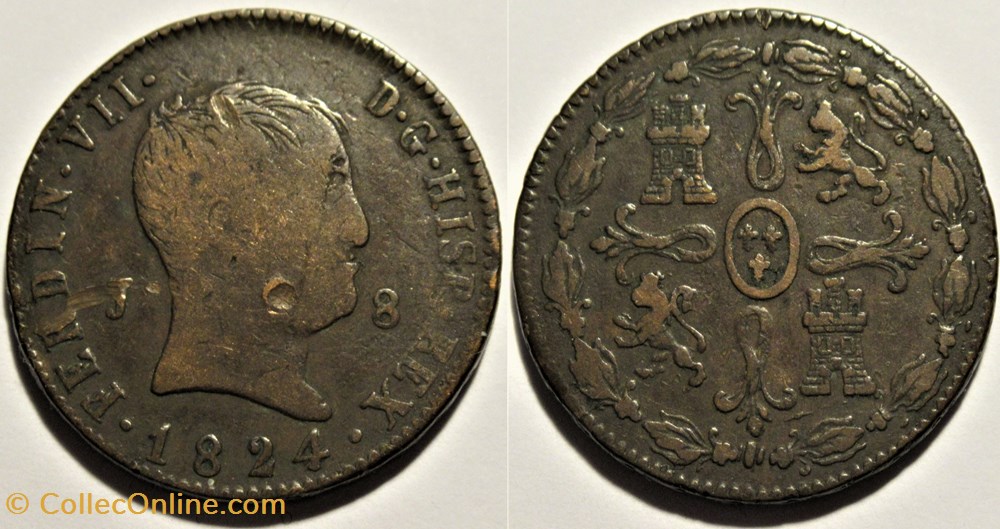 1824 Jubia 8 Maravedis - Fernando VII de España monnaies monde espagne 1824 jubia 8 maravedis fernando vii de espana