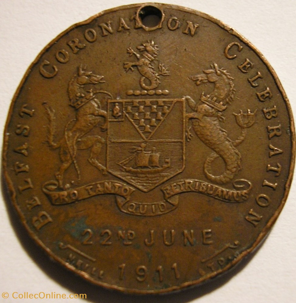 George V & Mary - 1911 Coronation Token, Belfast - UK 3 medaille royaume uni george v mary 1911 coronation token belfast uk