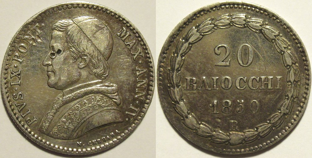Pio IX, Papa - 20 Baiocchi 1850, Anno IV - Vaticano monnaies monde pio ix papa 20 baiocchi 1850 anno iv vaticano
