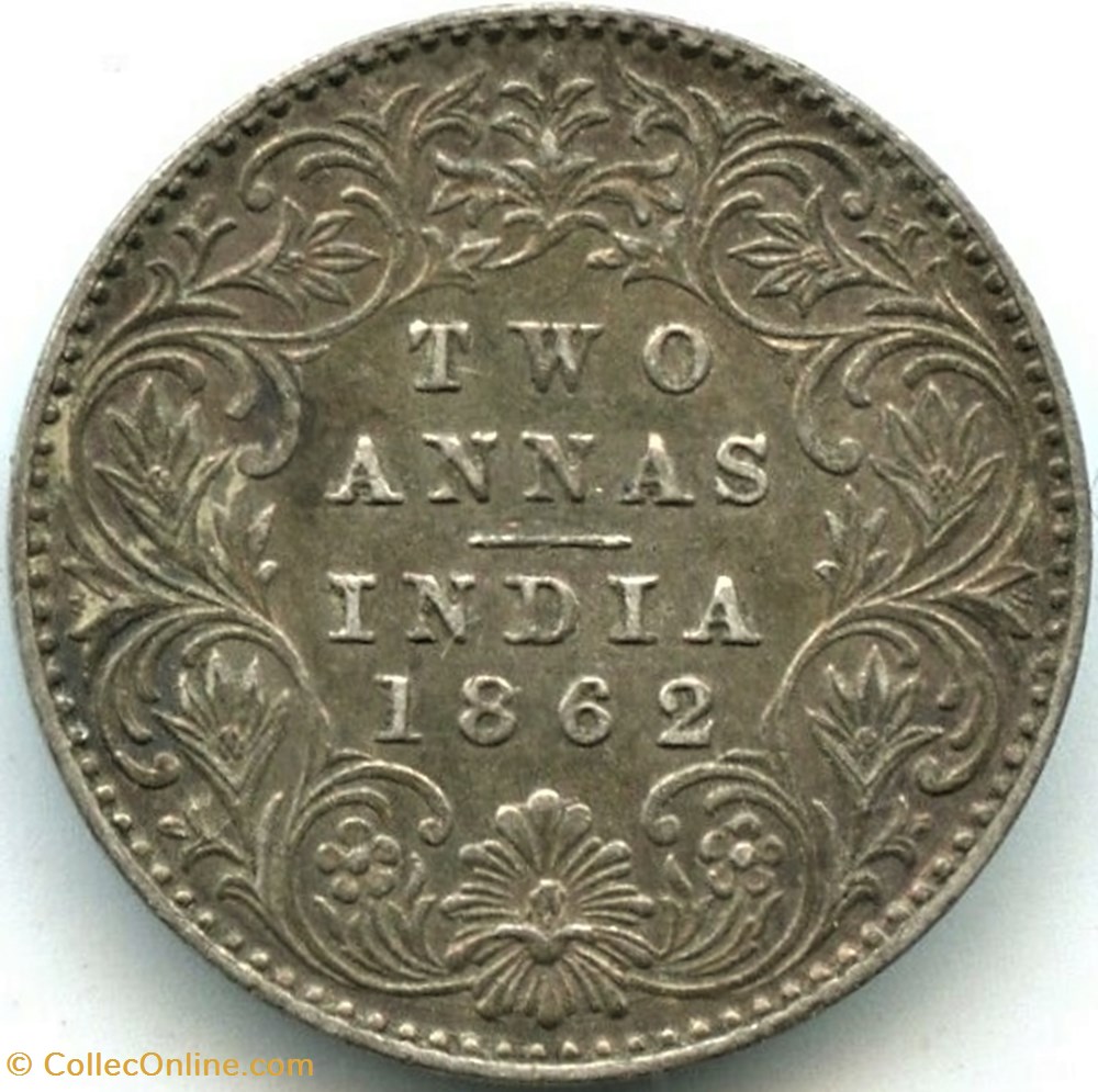 Victoria - Two Annas 1862 Calcutta - British India (ex.2) 3 monnaies monde inde victoria two annas 1862 calcutta british india ex 2
