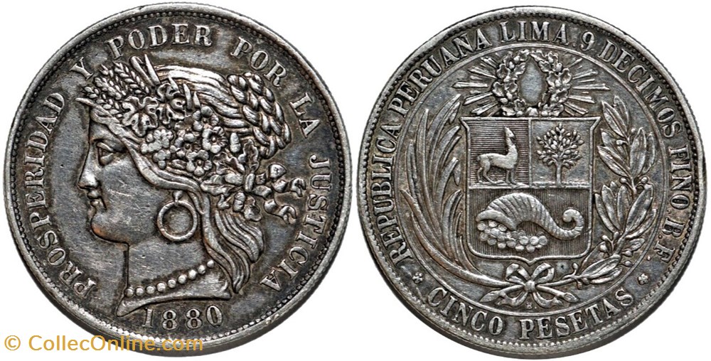 monnaies monde perou peru cinco pesetas 1880