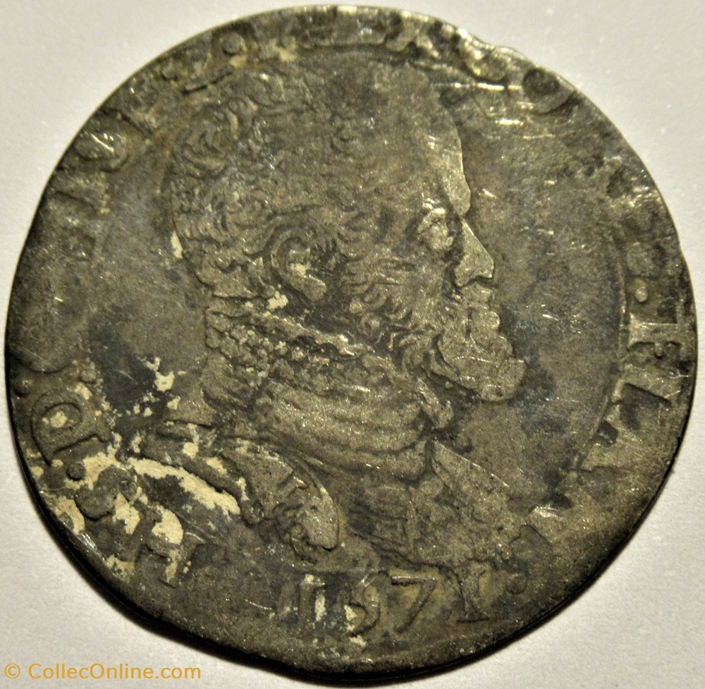 Philip II of Spain - 1/10 Philipsdaalder 1571 - Bruges, Spanish Netherlands 2 monnaies europe medievale pays bas espagnols philip ii of spain 1 10 philipsdaalder 1571 bruges spanish netherlands