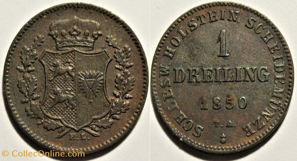 Provisional Government of Schleswig-Holstein - 1 Dreiling 1850 monnaies monde allemagne provisional government of schleswig holstein 1 dreiling 1850