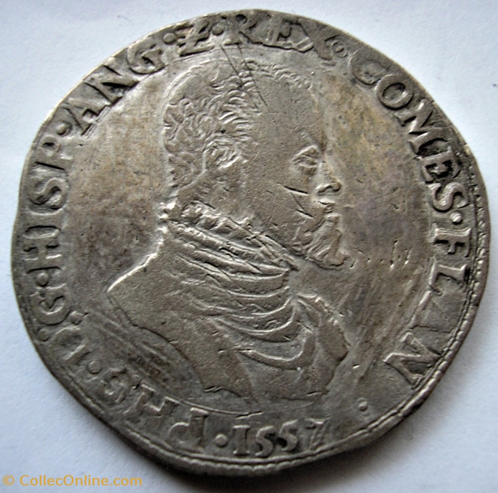 Philip II of Spain - Philipsdaalder 1557 - Bruges, Spanish Netherlands 2 monnaies europe medievale pays bas espagnols philip ii of spain philipsdaalder 1557 bruges spanish netherlands