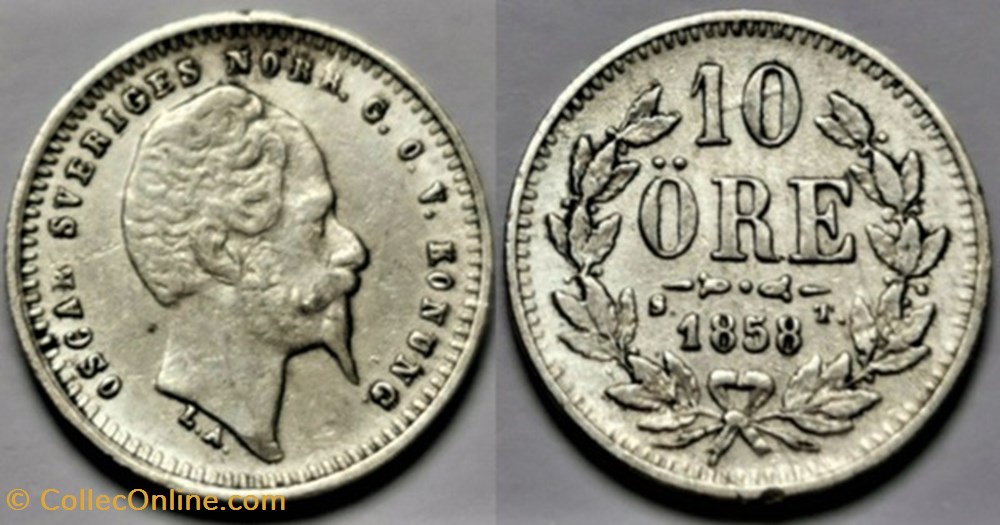 Sweden - Oscar I - 10 Öre 1858/7 - Overdate monnaies monde suede sweden oscar i 10 ore 1858 7 overdate