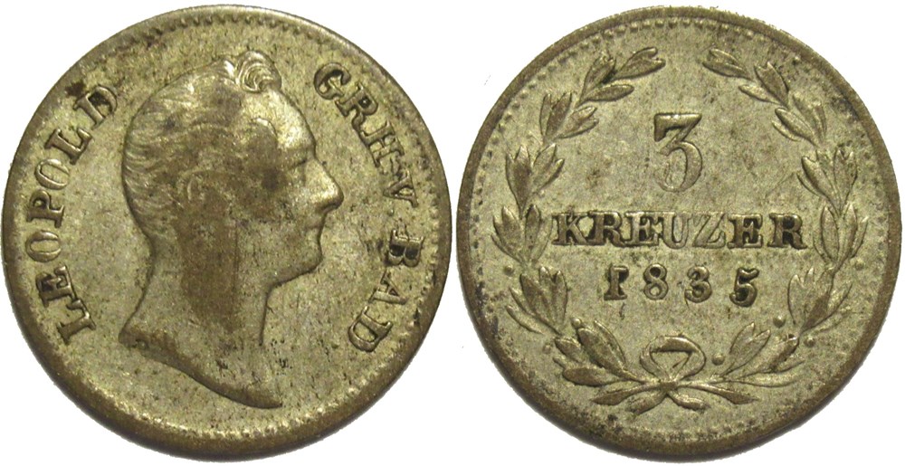 Leopold I - 3 Kreuzer 1835 - Grand-Duchy of Baden monnaies europe medievale saint empire romain germanique leopold i 3 kreuzer 1835 grand duchy of baden