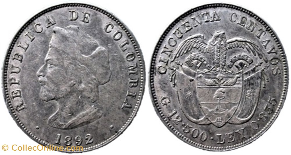 monnaies monde colombie 50 centavos 1892 discovery of america