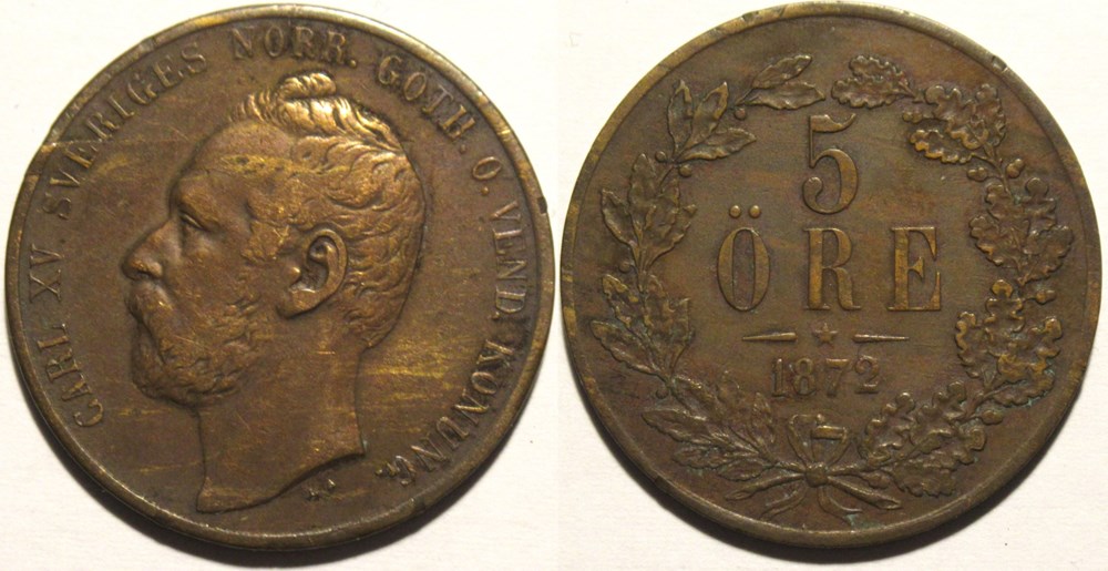 Sweden - Carl XV - 5 Öre 1872 monnaies monde suede sweden carl xv 5 ore 1872