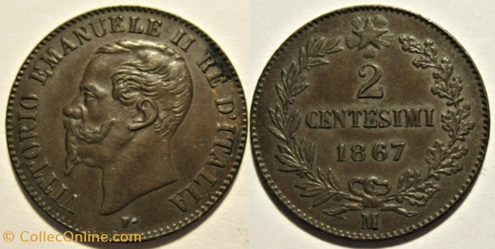 1867 Royaume d'Italie, 2 Centesimi, Milano - Vittorio Emanuele II monnaies monde 1867 royaume italie 2 centesimi milano vittorio emanuele ii