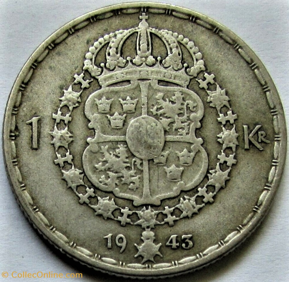Gustaf V of Sweden - 1 Krona 1943 - Error + Variety Date 3 monnaies monde suede gustaf v of sweden 1 krona 1943 error variety date