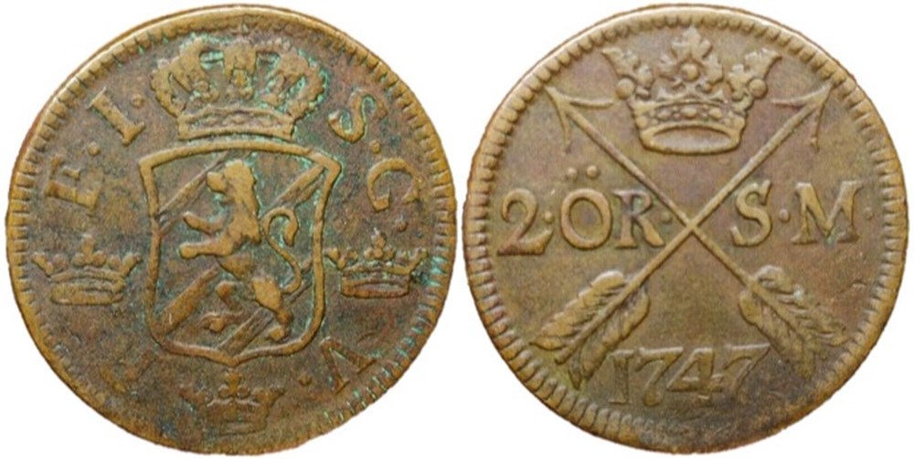Sweden, King Fredrik I - 2 Öre 1747 Avesta monnaies europe medievale royaume suede sweden king fredrik i 2 ore 1747 avesta