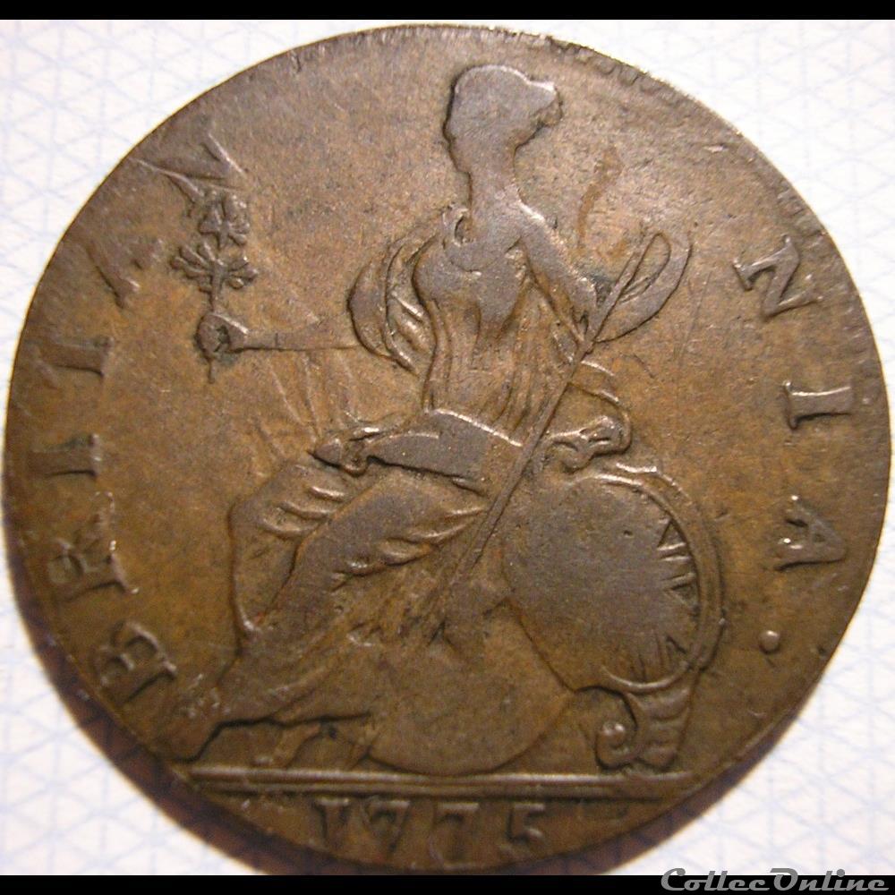 1775 Half Penny No Regal - George III of Great Britain (Ex.4) 2 monnaie monde etat uni 1775 half penny no regal george iii of great britain ex 4