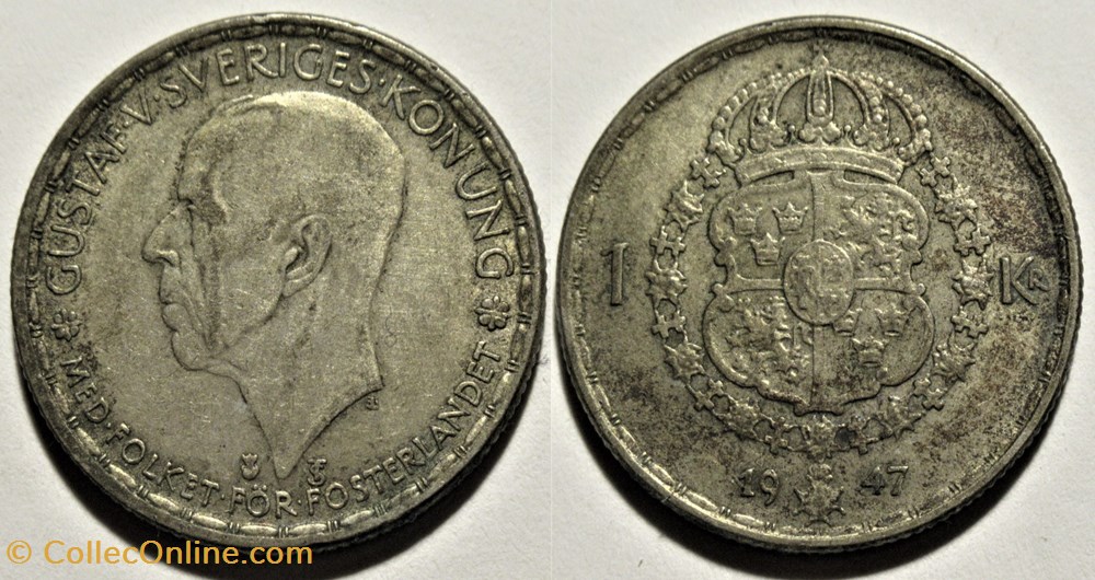 Gustaf V of Sweden - 1 Krona 1947 monnaies monde suede gustaf v of sweden 1 krona 1947