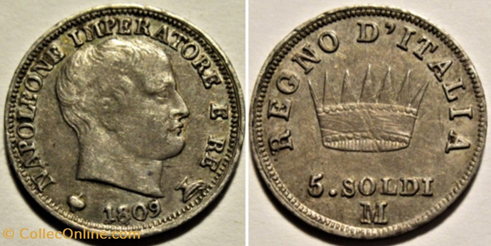 1809 Regno d'Italia, 5 Soldi - Napoleone I - Repunched Date monnaies monde italie 1809 regno italia 5 soldi napoleone i repunched date