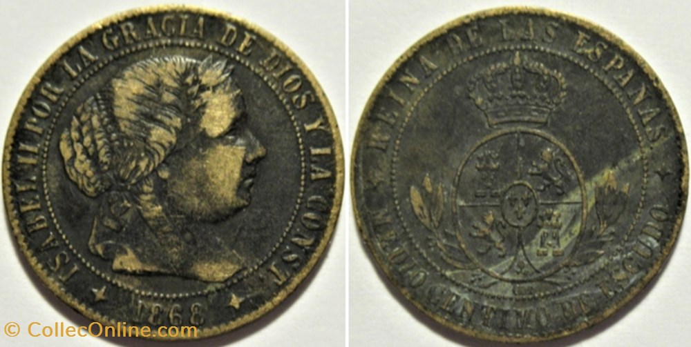 1868 Jubia - ½ Centimo - Isabel II España (ex.2) monnaies monde espagne 1868 jubia centimo isabel ii espana ex 2