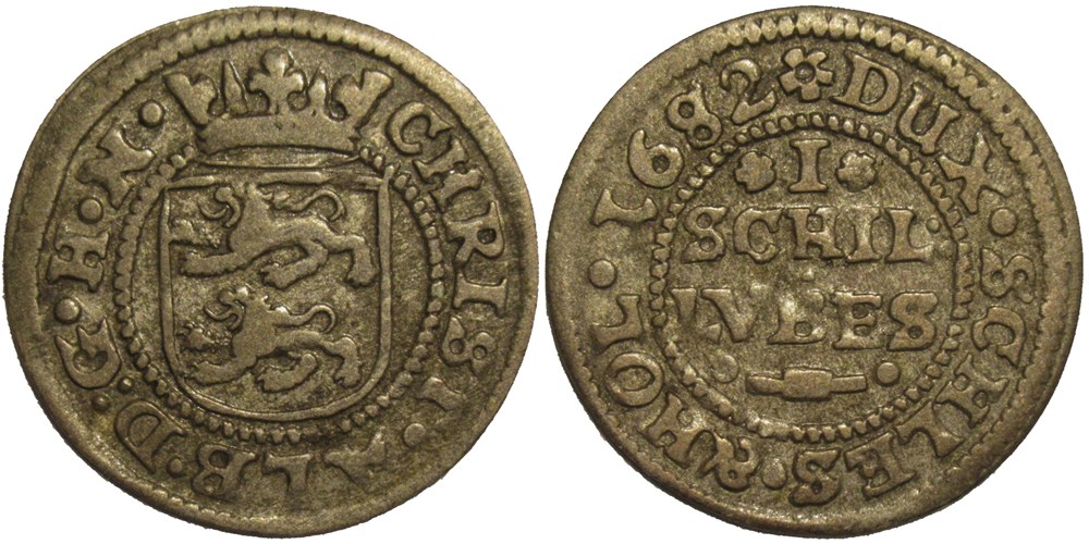1 Schilling Lübisch, 1682 - Duchy of Schleswig-Holstein-Gottorp - Christian Albrecht monnaies monde allemagne 1 schilling lubisch 1682 duchy of schleswig holstein gottorp christian albrecht