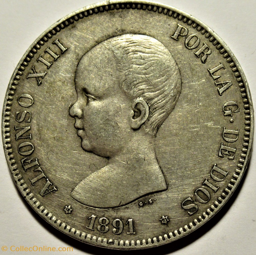 1891 - 5 Pesetas - Alfonso XIII de España 2 monnaies monde espagne 1891 5 pesetas alfonso xiii de espana